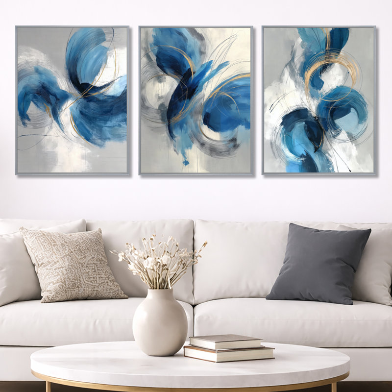 Tourbillon abstrait dans des tons bleus et blancs - art mural encadré abstrait, 3 pièces, H 32 po x l 72 po