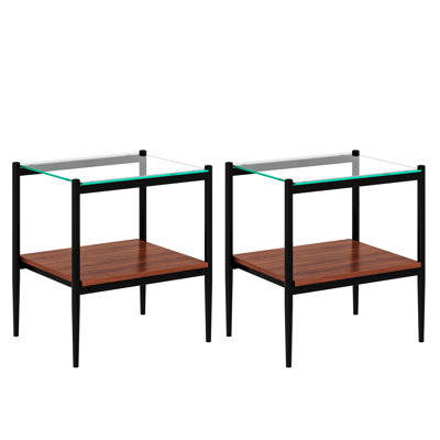 Set of 2 Rectangle End Table, Tempered Glass Tabletop with MDF layer, Glass