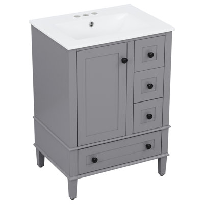 Meuble-lavabo simple 24 po avec plateau en céramique, tiroirs et porte à fermeture en douceur