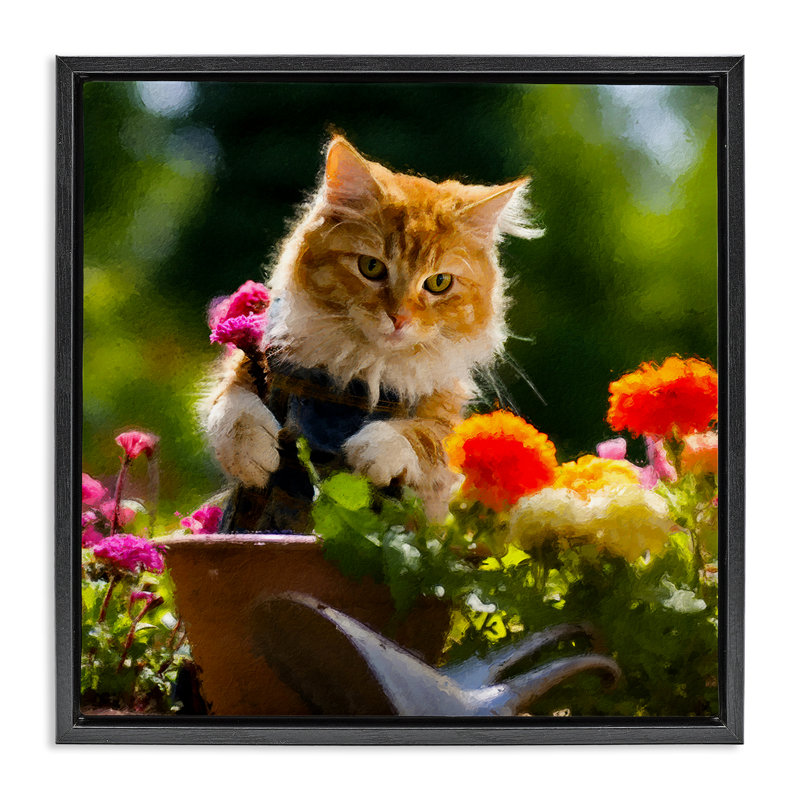 «Spring Gardener Kitten» par Sean Parnell, Cadre flottant noir de jais, H 18 po x l 18 po
