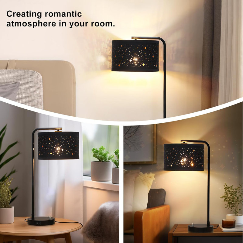 Lampe de chevet moderne avec ports USB C + A, lampe de table de chevet entièrement réglable avec abat-jour étoilé, grande lampe de lecture de bureau pour le salon et la chambre à coucher, comprend une ampoule DEL 3000K