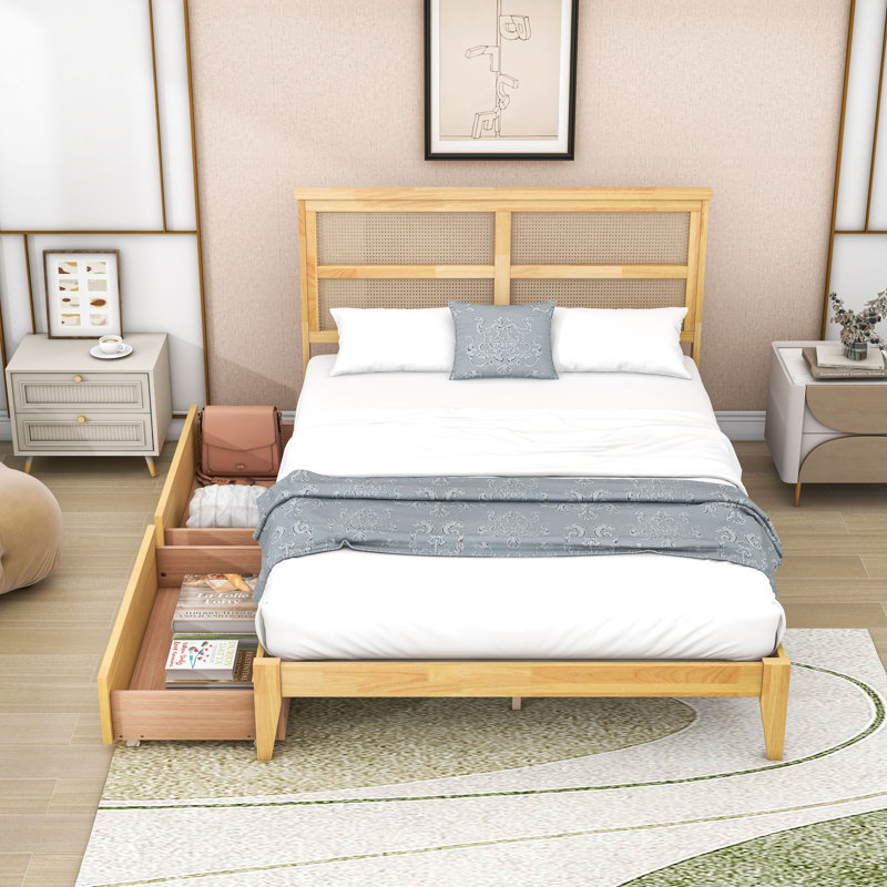 Lit plateforme avec tête de lit en rotin unique et 2 tiroirs de rangement, Double, Chêne blanc
