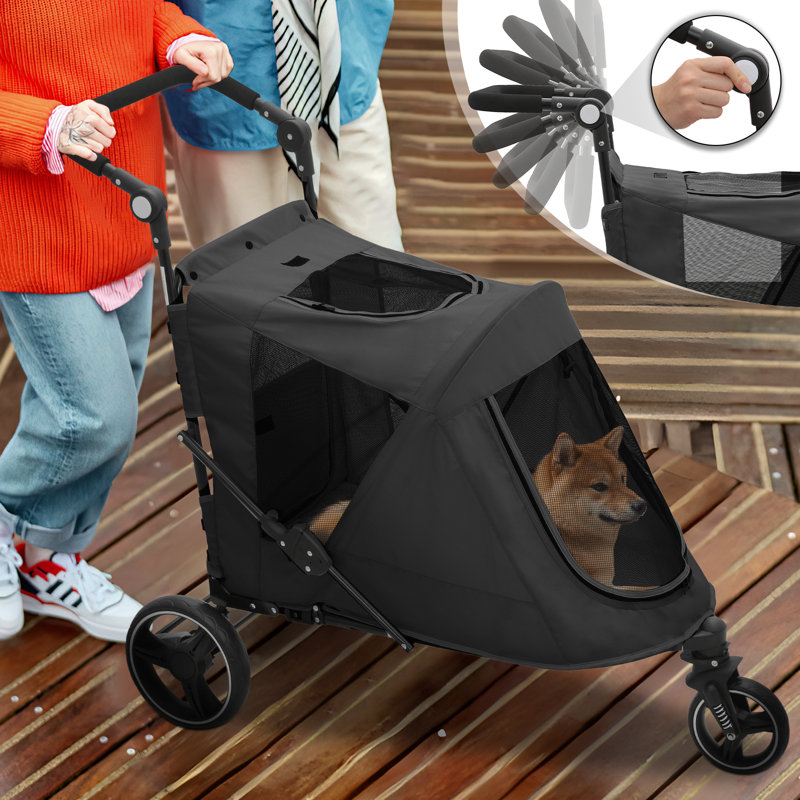 Black Steel Frame 3-Wheel Dog Stroller with Adjustable Handle