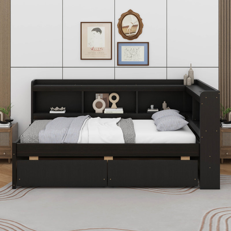 Twin Size L-Shaped Bookcases Bed With Power Outlets, USB And Two Drawers, Espresso