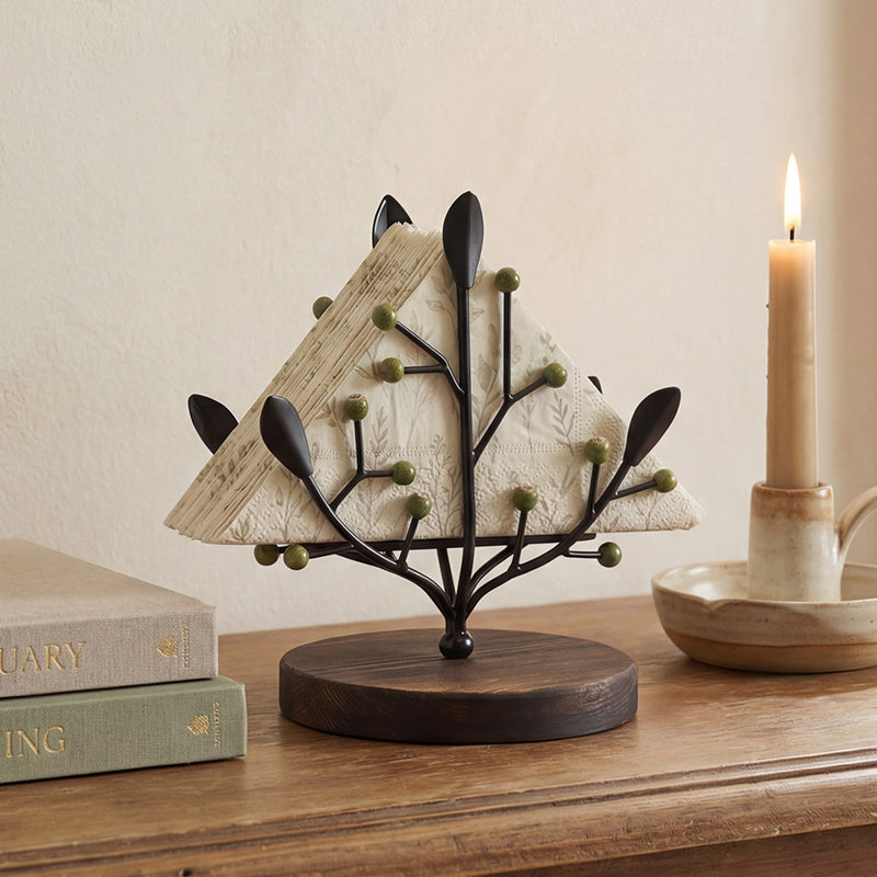 Tree Napkin Holder, Black Metal Branch Stand with Leaf and Berry Accents and Stable Round Wooden Base