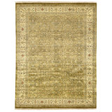 Hand Knotted Wool Area Rug in Green And Ivory