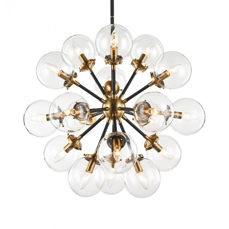Lustre de style spoutnik Soleil, Transparent, H 40 po x l 43 po x P 43 po, Laiton antique