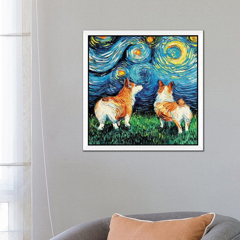 Corgi Night by Aja Trier - Painting on Canvas, 93.98 cm H x 93.98 cm W, White Floater Framed
