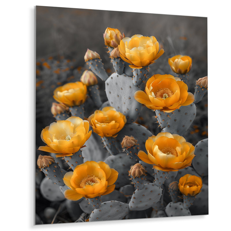 Monochromes jaunes, gris, cactus, fleurs du désert I - impression d'art mural cactus floral, Métal métal