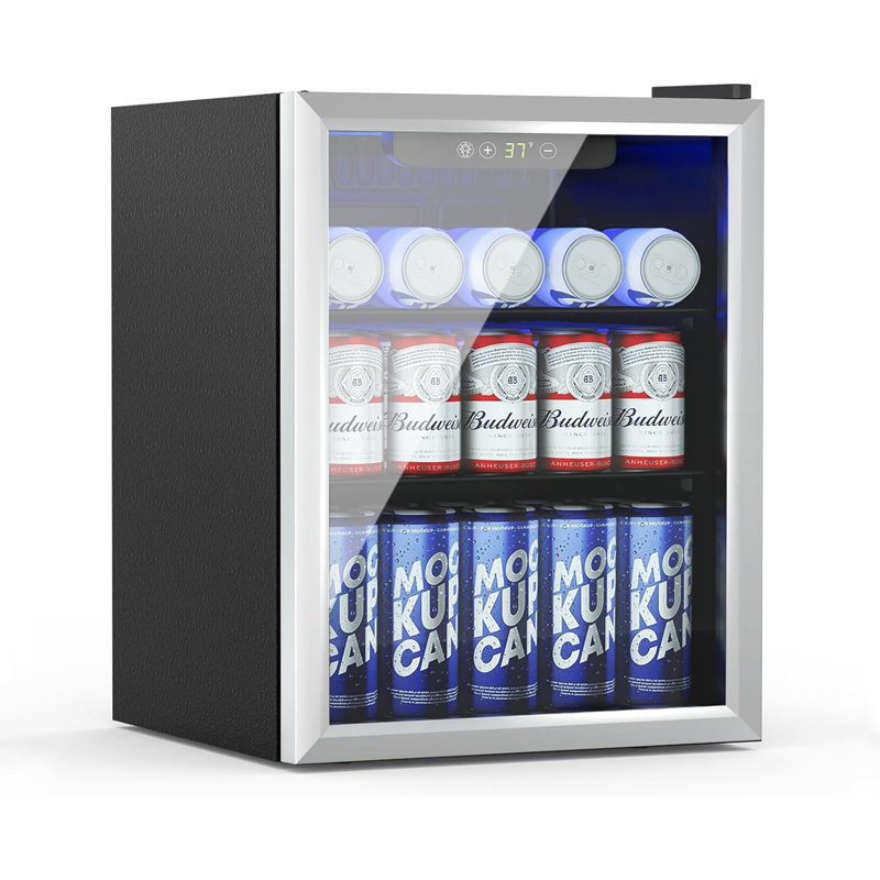 Beverage Refrigerator Cooler, 70 Can/1.6 Cubic Feet Mini Fridge with Glass Front Door, Digital Display Small Refrigerator with Adjustable Shelves for Soda, Beer or Wine