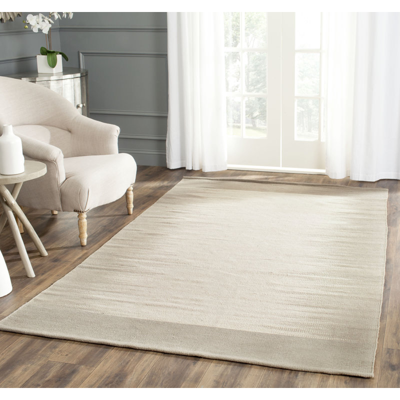 Beige and Light Green Wool Kilim 8' x 10' Area Rug