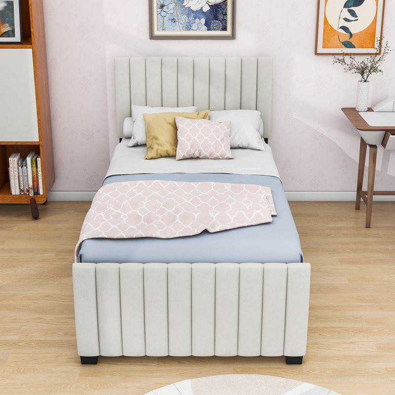 Elegant Velvet Upholstered Bed with Twin Trundle, Beige, Twin