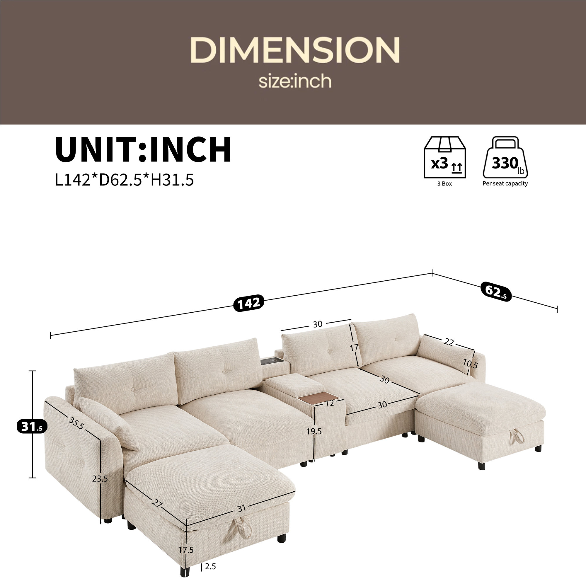 Latitude Run® 142'' Modular Sectional Sofa With Movable Storage Ottoman ...