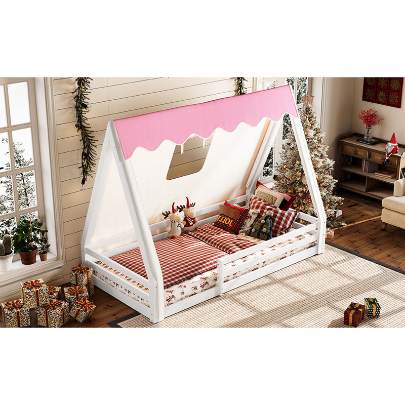 Lit simple en bois massif blanc et rose avec tente et garde-corps pleine longueur pour tente de tipi taille, design, couleur, sommeil sécuritaire
