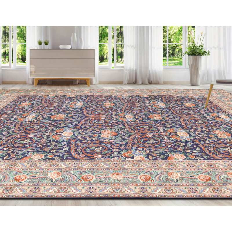 Hand Knotted Wool Area Rug in Navy And Green