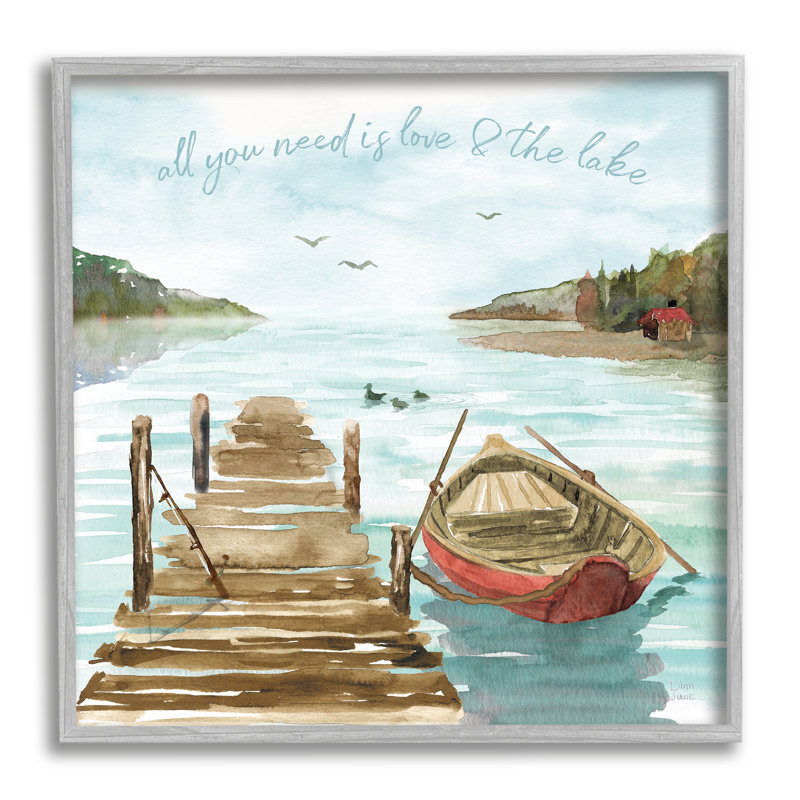 «Love And The Lake Sentiment Boat Dock Landscape Gray Farmhouse», estampe numérique encadrée, art texturé par Dina June