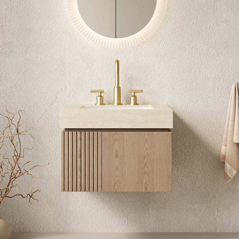 Meuble-lavabo de luxe flottant avec plateau en pierre frittée Roma et rangement à fermeture en douceur, Marron clair, Triple
