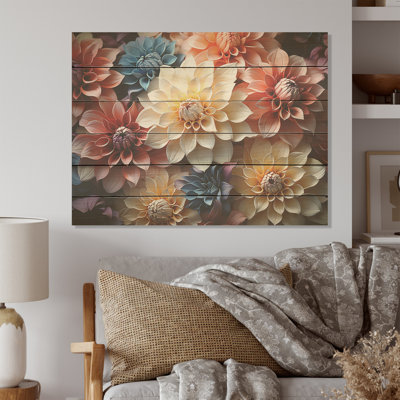 Colorful Dahlia Efflorescence Tranquility - Dahlia Wood Wall Art On Natural Pine Wood