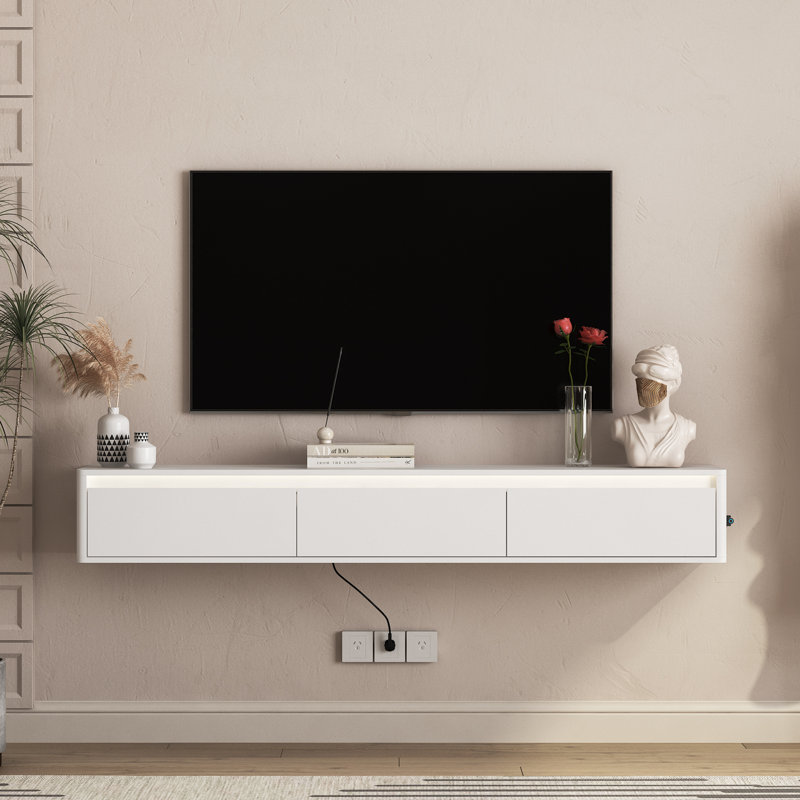 Meuble télé mural flottant avec lumières DEL et prise de courant, armoire ultrabrillante pour le salon | Idée de cadeau