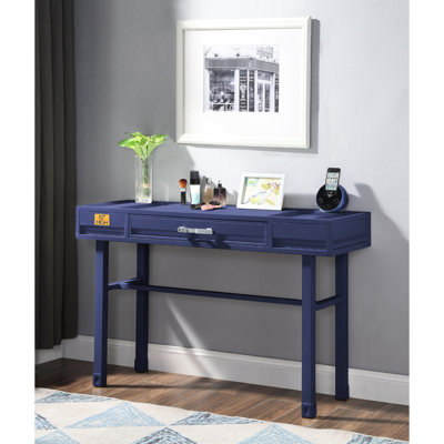 One Drawer Blue Metal Vanity Desk With Straight Legs, Recessed Panels, Bearing 3/4 Ext., Stop Top, 40 X 40Mm Iron Plate, Side Glide