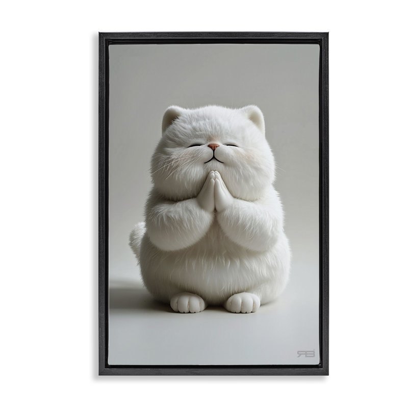 «Fluffy Praying Cat» par Roozbeh Bahramali, H 25 po x l 17 po, Cadre flottant noir de jais
