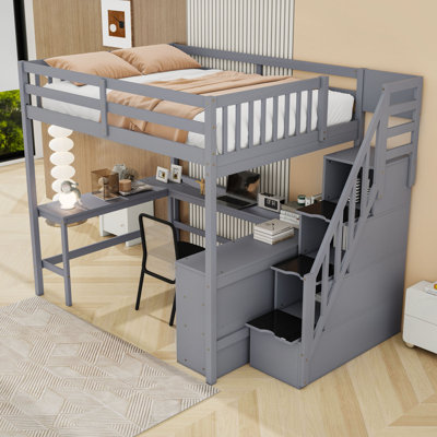 Space-Saving Full-Size Loft Bed With L-Shaped Desk And Ample Storage Shelves,Staircases by Harriet Bee