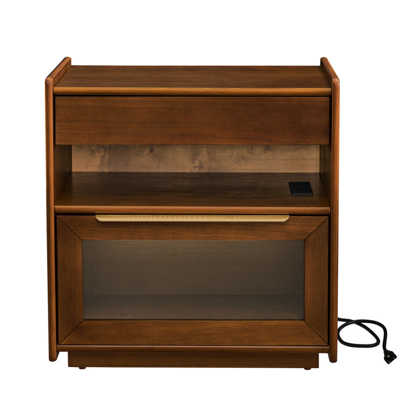 Table de chevet, 2 tiroirs, tablette ouverte, station de charge, couleur noyer, armoire latérale pour dortoir, ports, espace de rangement, noyer foncé, -