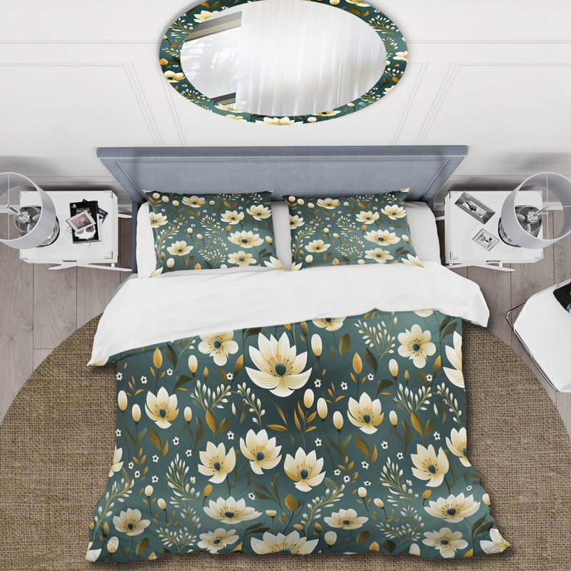 Green And White Allure Daffodil Pattern Box Stitch Floral Duvet Cover, Twin Duvet Cover + 1 Standard Sham