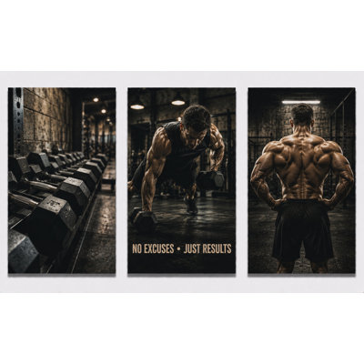 Extra-Large Set of 3 Dumbbell Gym Wall Art Fitness Motivation Canvas Prints Workout Room Man Cave Decor 24x36 Inch Canvas Print - Ready to hang