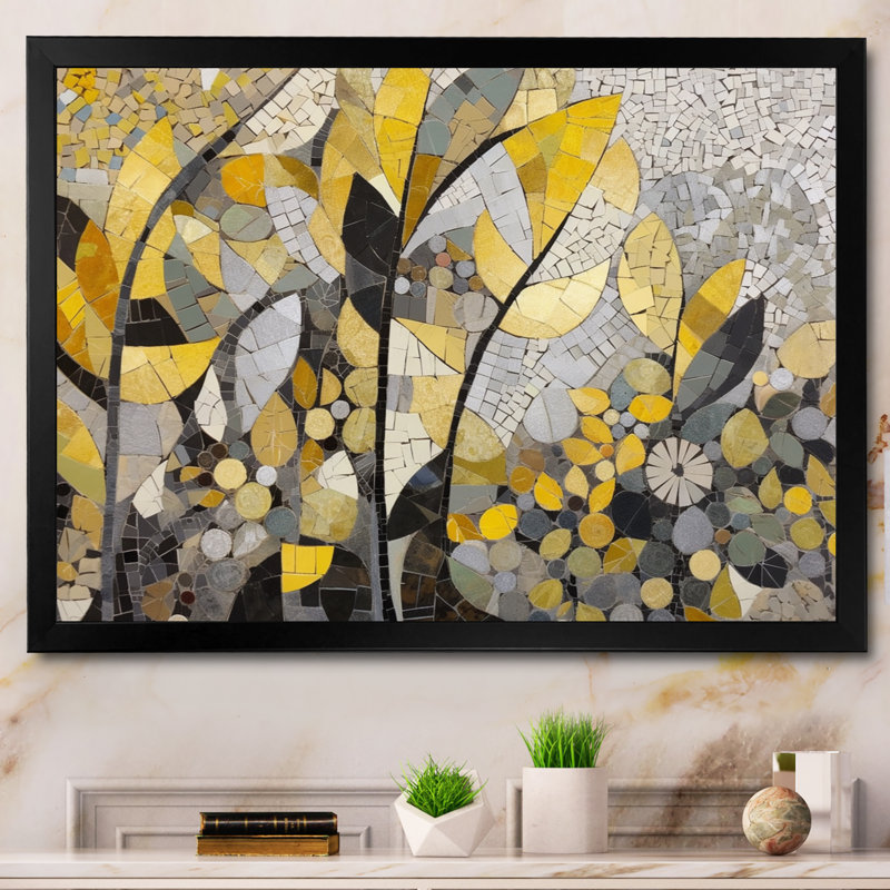 Begie, motifs jaunes et gris en fusion artistique - art mural mosaïque bohème, Cadre photo unique, H 12 po x l 20 po, Noir