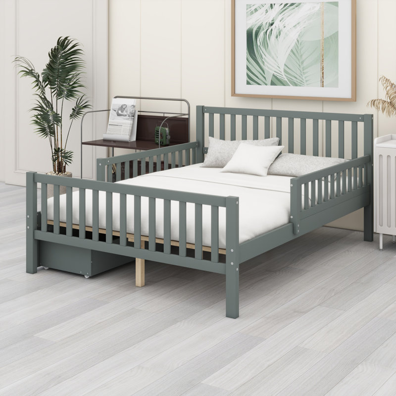 Lit plateforme en bois avec garde-corps des deux côtés et deux tiroirs de rangement, Gris