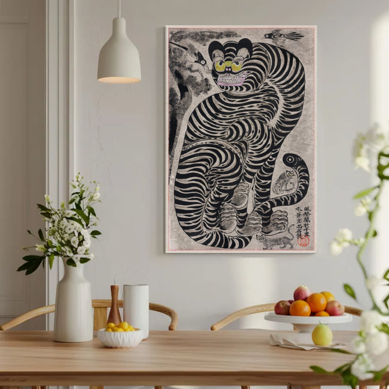 Art populaire asiatique, tigre avec pie, peinture sur toile, art traditionnel de style coréen, 24 x 36
