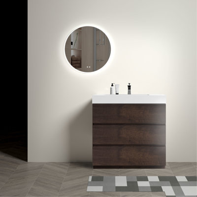 Meuble-lavabo de salle de bain 36 po - noyer, lavabo blanc, beaucoup de rangement, lavabo autoportant élégant et moderne, finition à maillons, élément essentiel