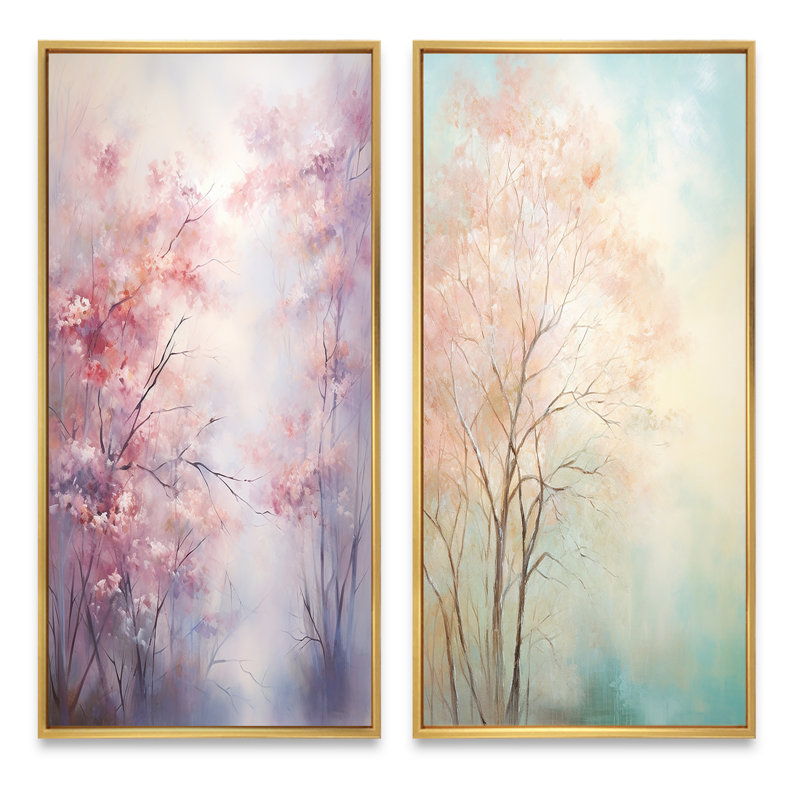 «Pink Trees Romantic Impression», 2 pièces, H 32 po x l 32 po, Encadrement doré