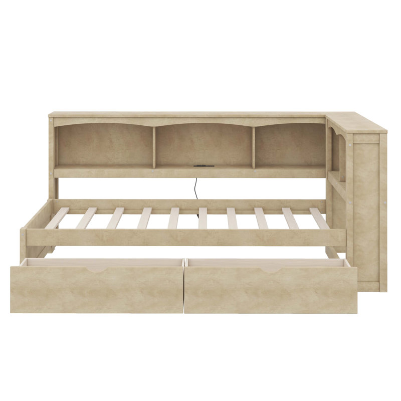 Lit simple avec deux commodes de rangement intégrées et port USB, Bois