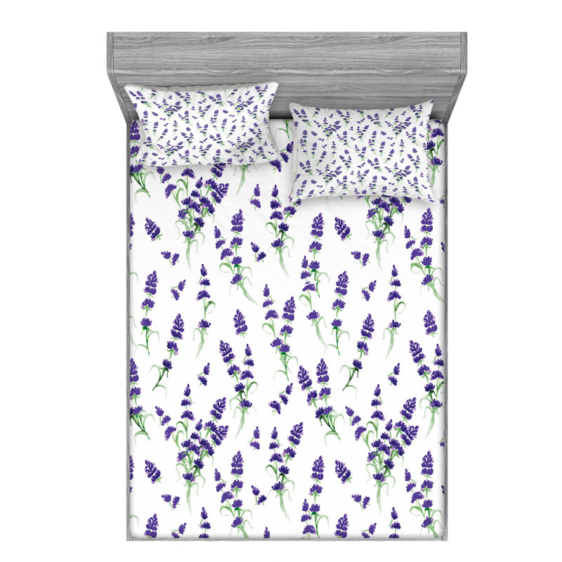 Microfiber Floral Sheet Set, Full Sheet Set + Fitted Sheet + 2 Pillowcases, Purple/Green/White Floral
