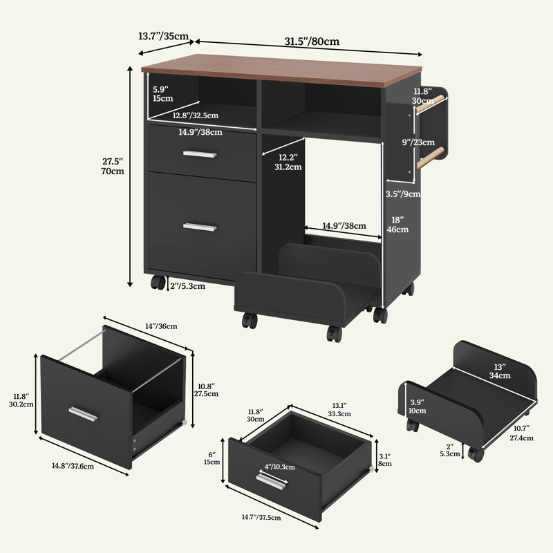 80cm Wide 2 -Drawer Mobile File Cabinet, Black