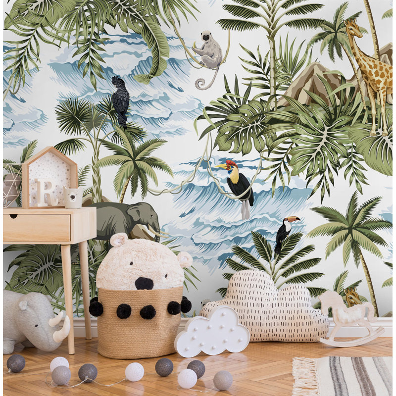 Papier peint amovible pour enfants, forêt tropicale tropicale et animaux, L 48,96 po x l 75 po