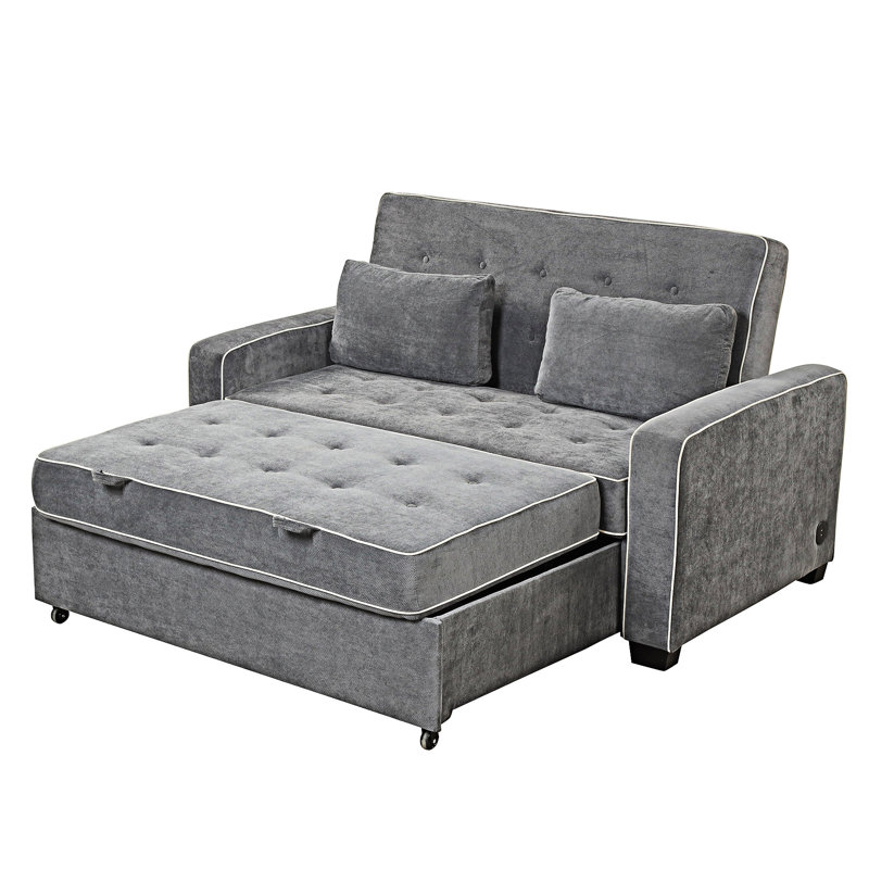 Upholstered Pull Out Sofa Bed With Throw Pillows, USB Charging Port And Adjustable Backrest, Charcoal Gray