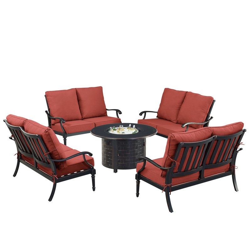 Ensemble de conversation d'extérieur 8 personnes avec coussins Paigelynn, Rouge