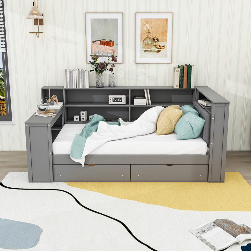 Wood Daybed with Shelves, Drawers, Charging Station, LED and Desk, Gray, Twin 