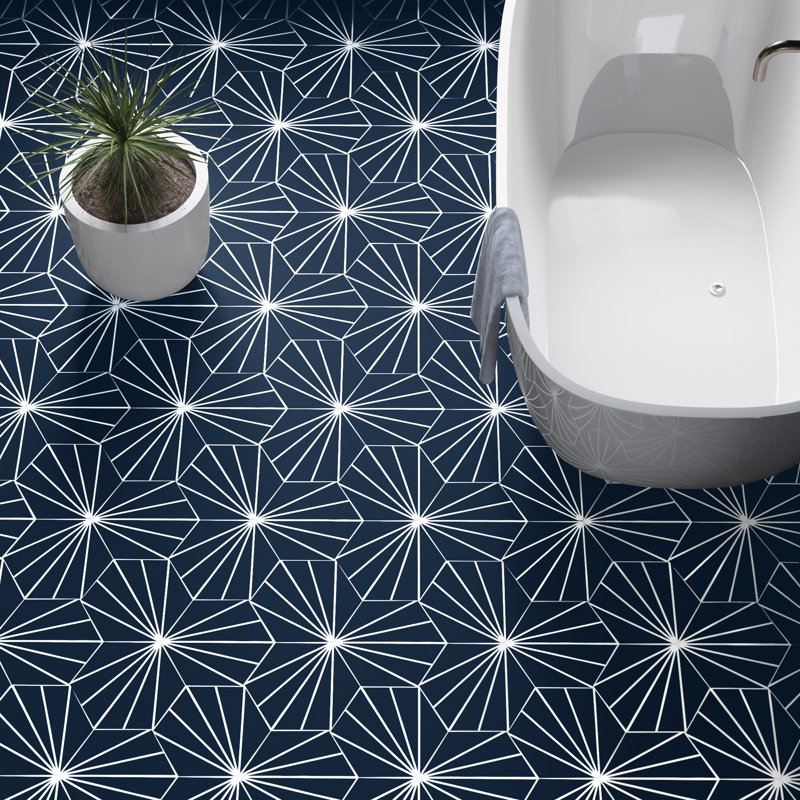 Carreau de sol et mur à motif ciment 8 po x 9 po Menara, Bleu marine / blanc