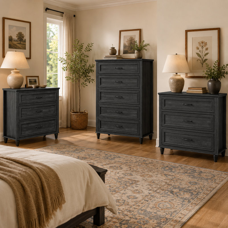 Cynthiana 3-Piece Bedroom Set with Two 3-Drawer Dressers and 5-Drawer Chest, Charcoal