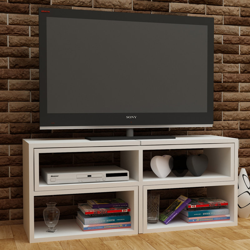 Meuble télé moderne blanc avec nombreuses tablettes, 53,8 po x 15,7 po x 15,0 po | 100% panneau de particules enduit de mélamine, épaisseur: 0,7 pouce | Conception murale, élégante et fonctionnelle pour le salon ou la chambre à coucher