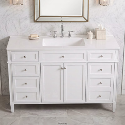 Meuble-lavabo autoportant de 48 po avec comptoir d'évier, armoire en panneau de fibres à densité moyenne avec 6 tiroirs et 2 portes, lavabo en composite, charnières à fermeture en douceur, poignées en métal argenté, blanc