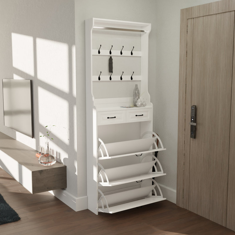 Range-chaussures blanc avec cintre et 2 tiroirs, rangement de rangement, tablettes réglables, style antique, panneau de particules +