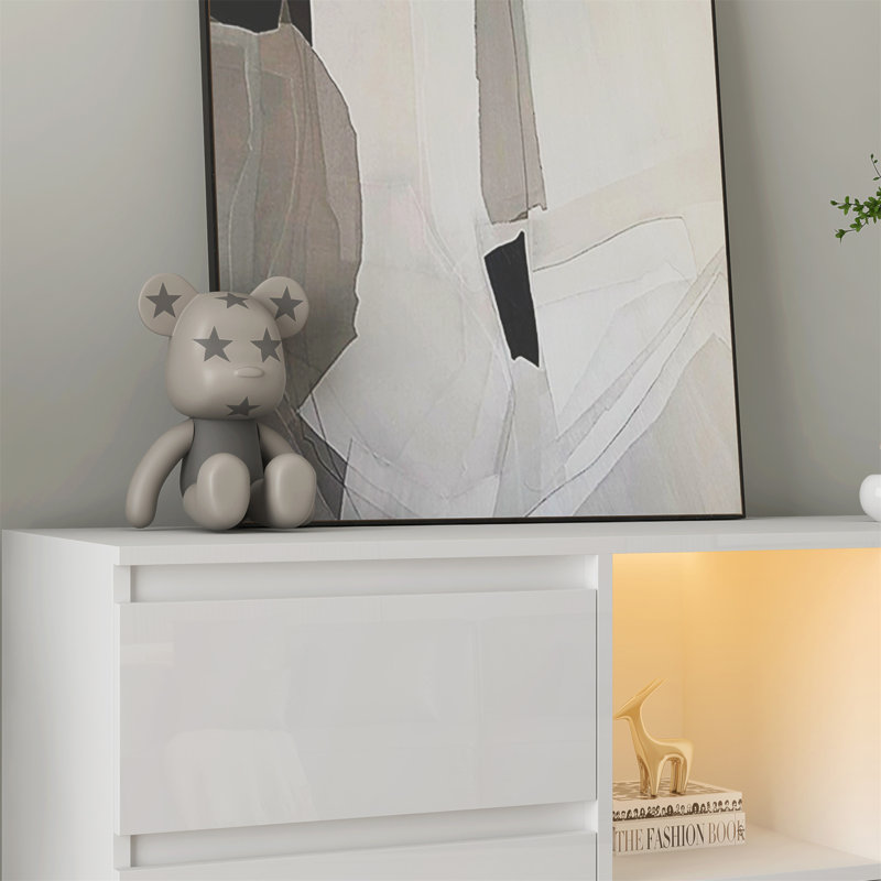 Modern White Gloss Sideboard Cabinet With Advanced LED Light And Powerful Storage