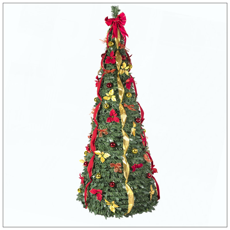 Arbre de Noël pop-up floqué avec 150 lumières UL blanc chaud - pré-décoré avec des ornements, des flocons de neige, des rubans et un grand nœud - facile à assembler et peu encombrant