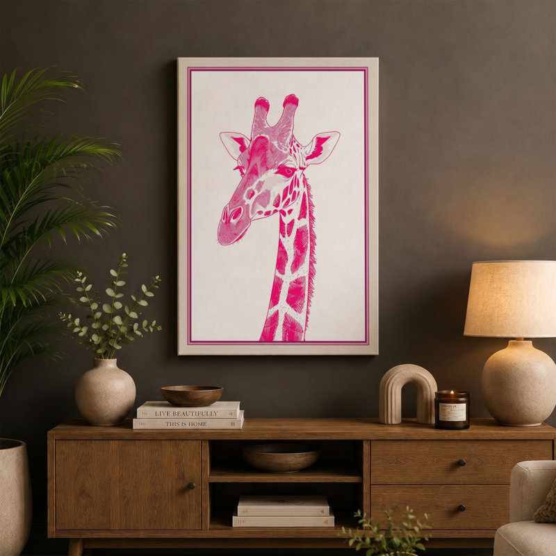 Pink Giraffe Modern - Wrapped Canvas, 18x12 - 45.7 x 30.5 cm, Black Border