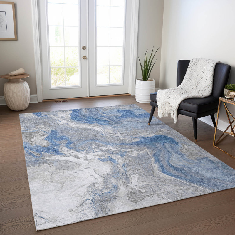 Blue Abstract Washable Synthetic Area Rug 2'6" x 3'10"